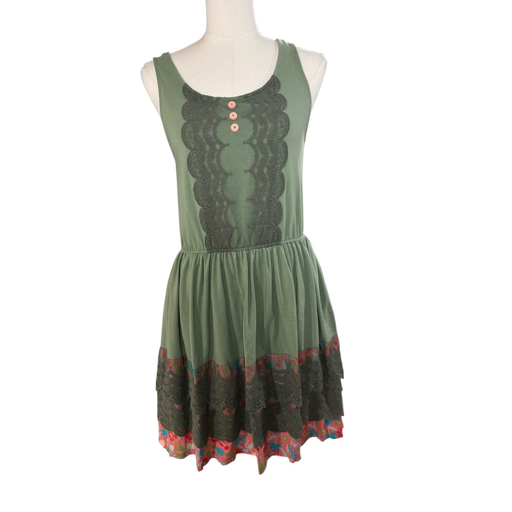Matilda Jane Boho Dress Small Sage Green Lace Trim Floral Tiered Hem Sleeveless